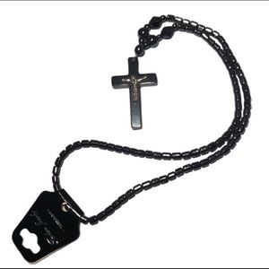 Hematite Necklace with Cross Jesus Pendant 18”